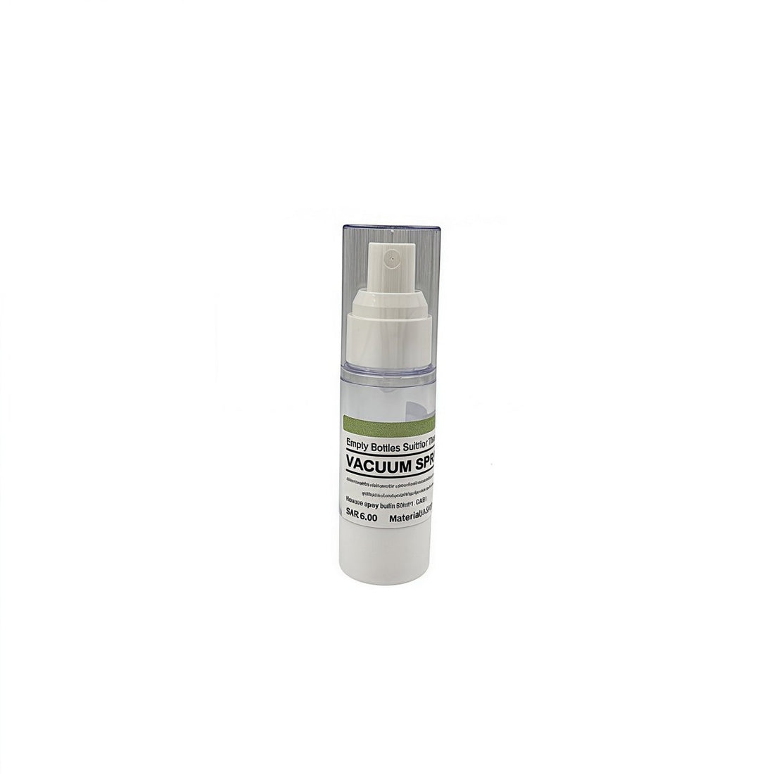 Empty vacuum spray bottle, 50 ml, white body with clear pump and green label