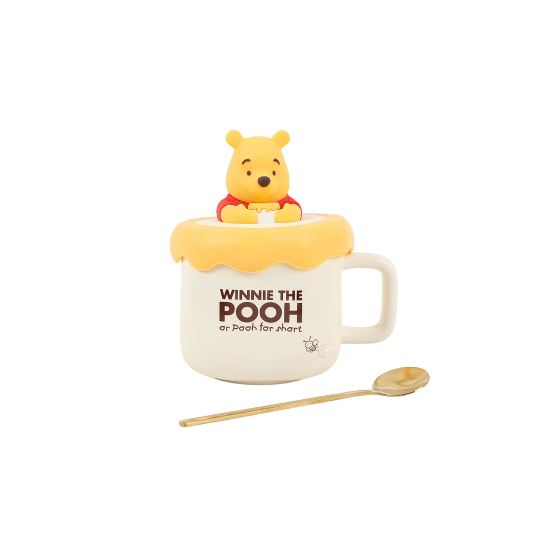 Ceramic cup with Winnie the Pooh figure lid, yellow top, white body, includes spoon