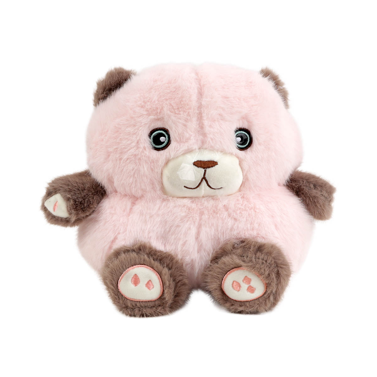 Light pink plush bear doll, round face with black eyes and embroidered paw pads