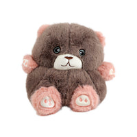 Brown plush bear doll, friendly face with black eyes and embroidered paw pads