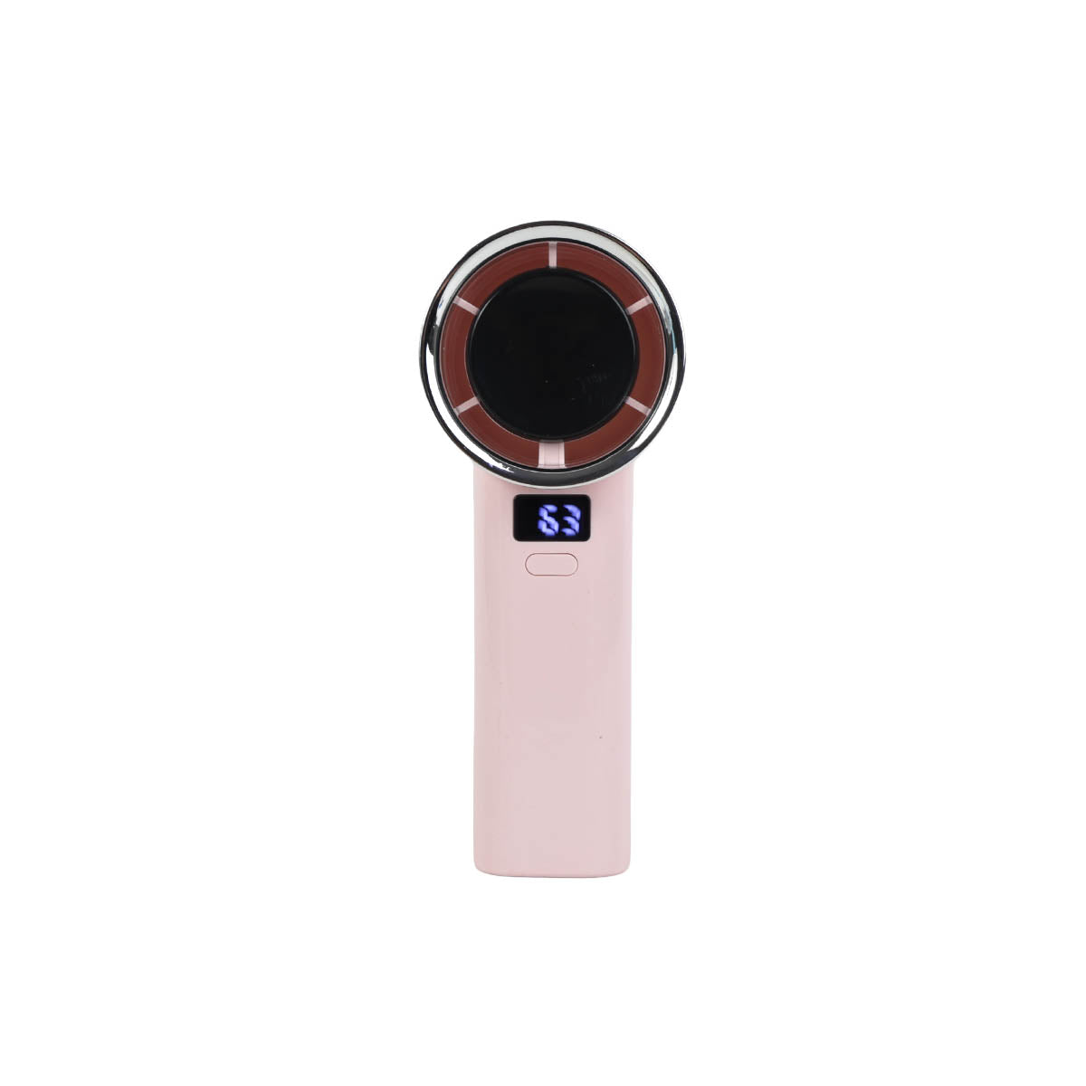 Light pink handheld fan with loop grip and digital display