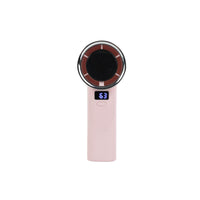 Light pink handheld fan with loop grip and digital display