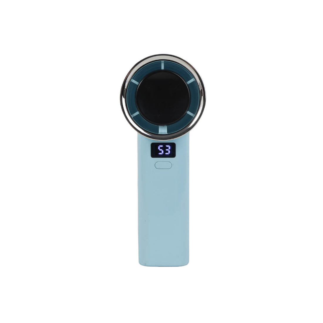 Front view of a light blue handheld fan with digital display