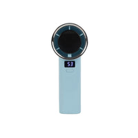 Front view of a light blue handheld fan with digital display