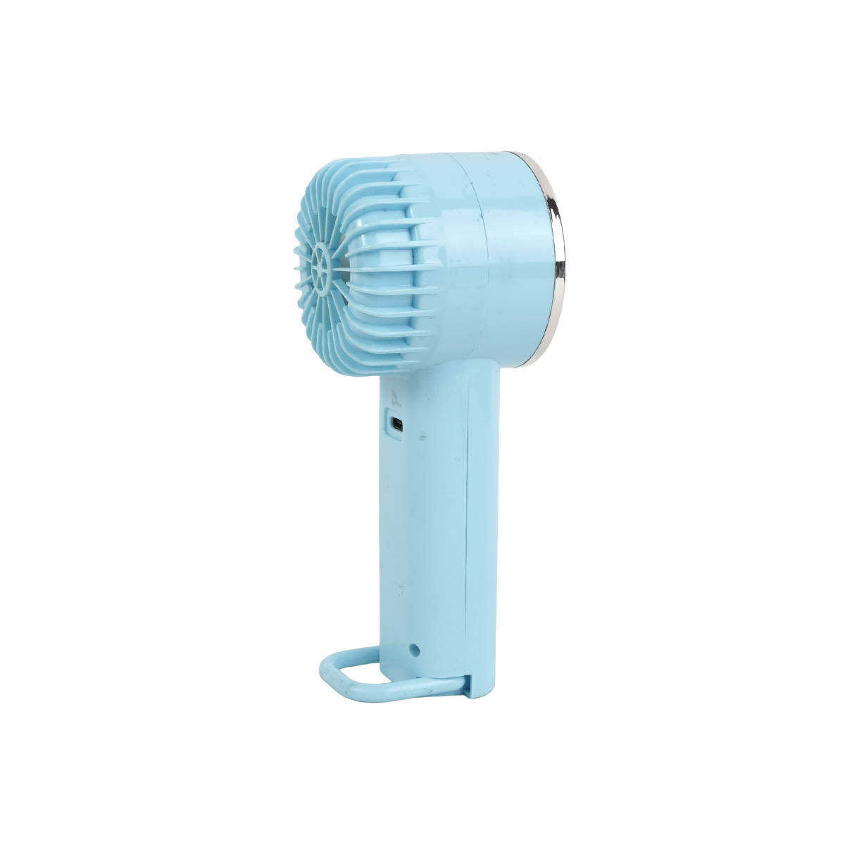 Light blue handheld fan with vent grille and fold-out base