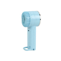 Light blue handheld fan with vent grille and fold-out base