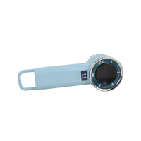 Light blue fan shown sideways with its loop grip extended