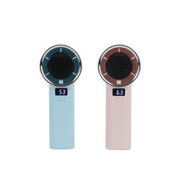 Light blue and pink handheld fans with loop grips and digital displays