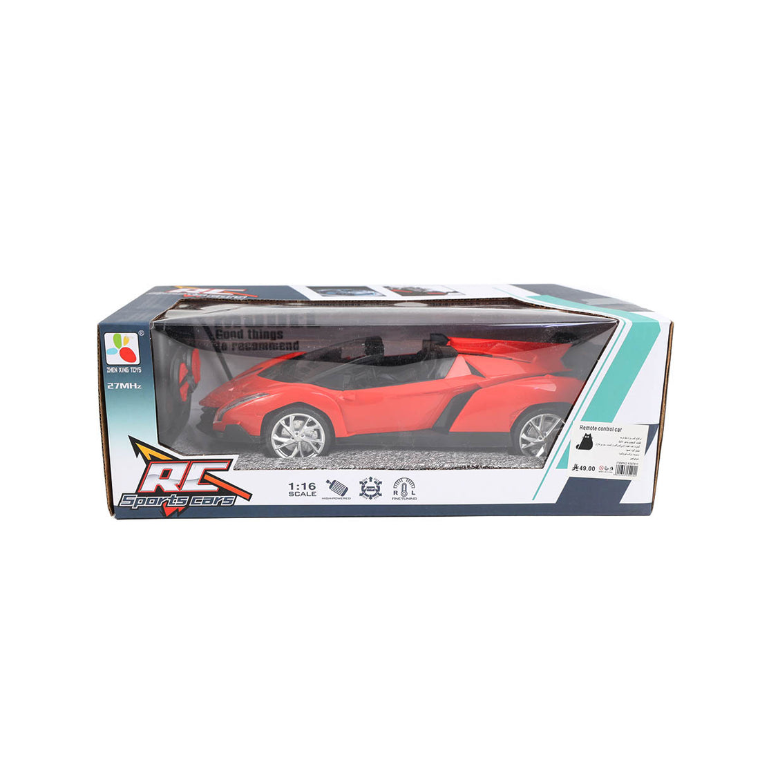 Red RC sports car displayed in its retail box