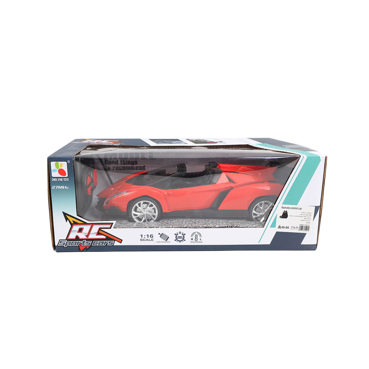Red RC sports car displayed in its retail box
