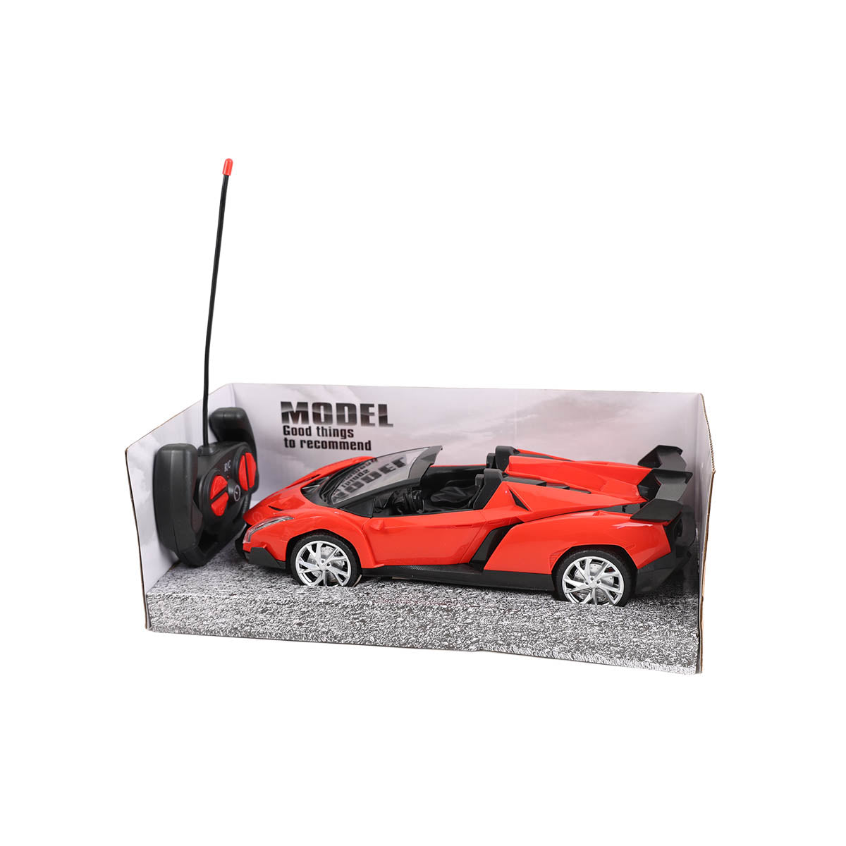 Side view of red four-way RC sports car and handheld controller