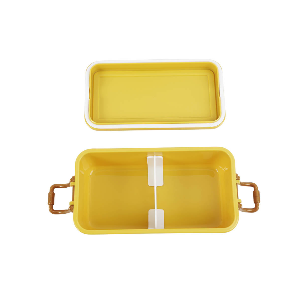 Yellow 500ml lunch box open with interior divider and side carry clips
