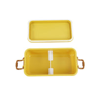 Yellow 500ml lunch box open with interior divider and side carry clips