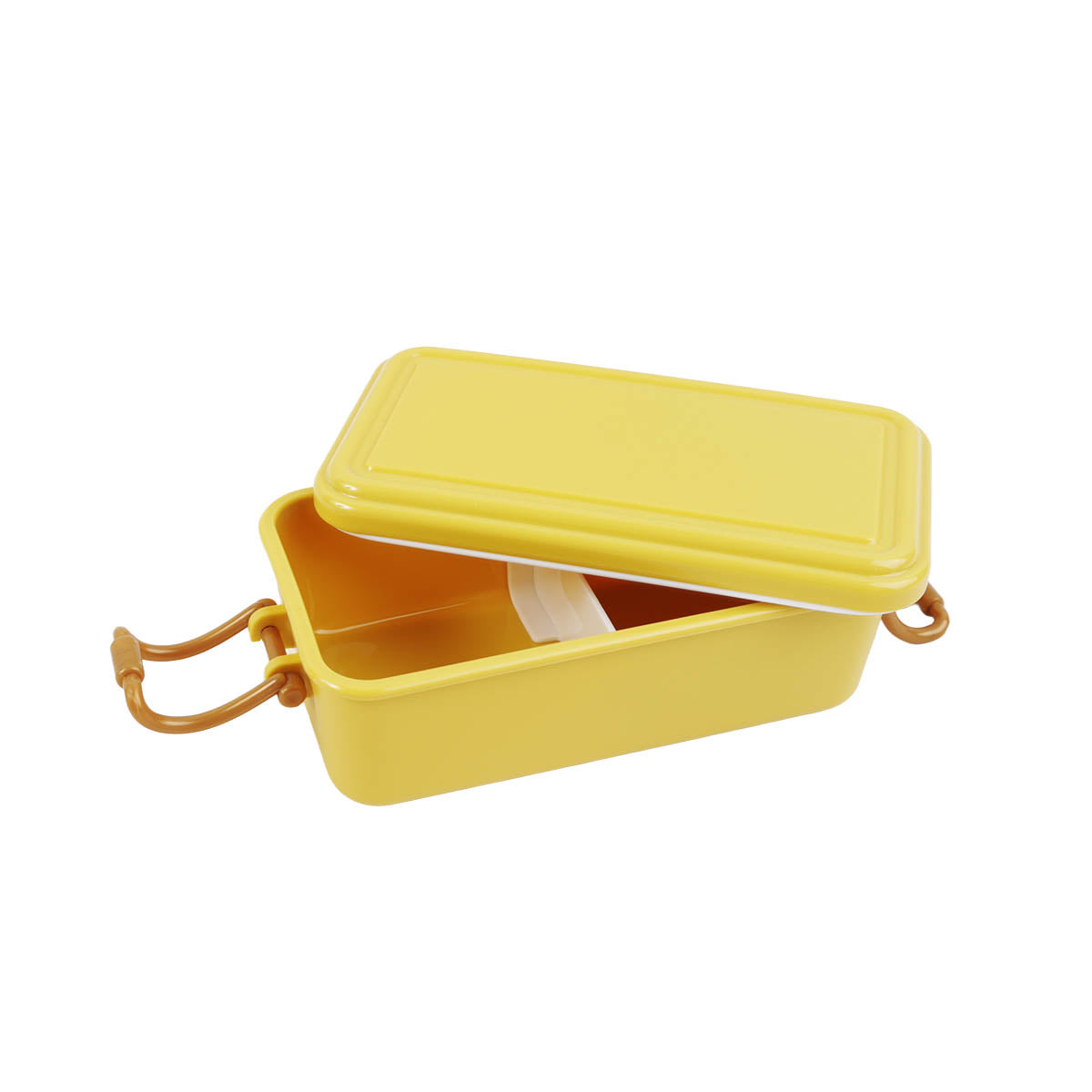 Yellow 500ml lunch box open, showing hinged lid and empty interior