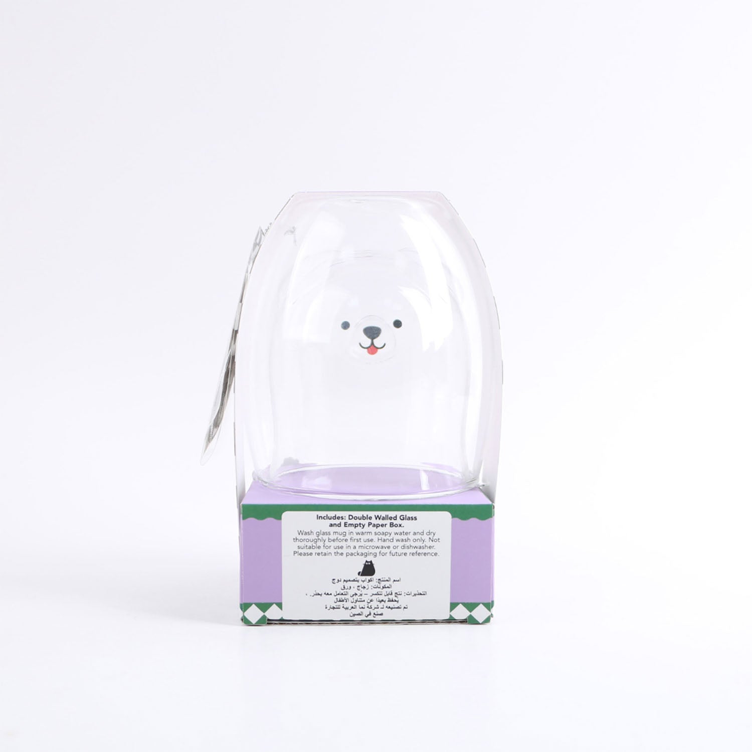 Character double-wall glass cup in clear sleeve, purple paper box with dog face
