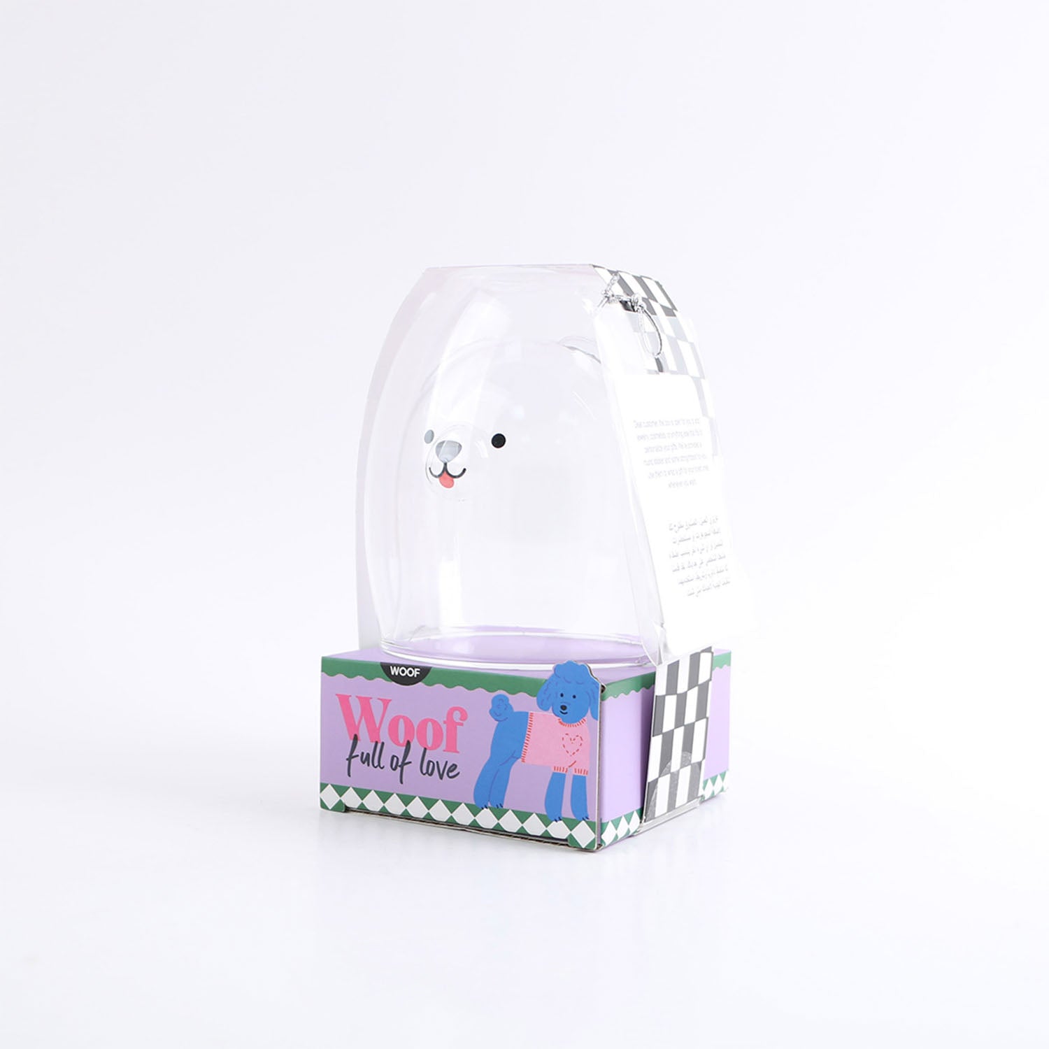 Character double-wall glass cup in clear sleeve, paper gift box with blue dog illustration