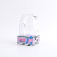 Character double-wall glass cup in clear sleeve, paper gift box with blue dog illustration