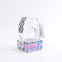 Character double-wall glass cup in clear sleeve, box with checkered dog motif