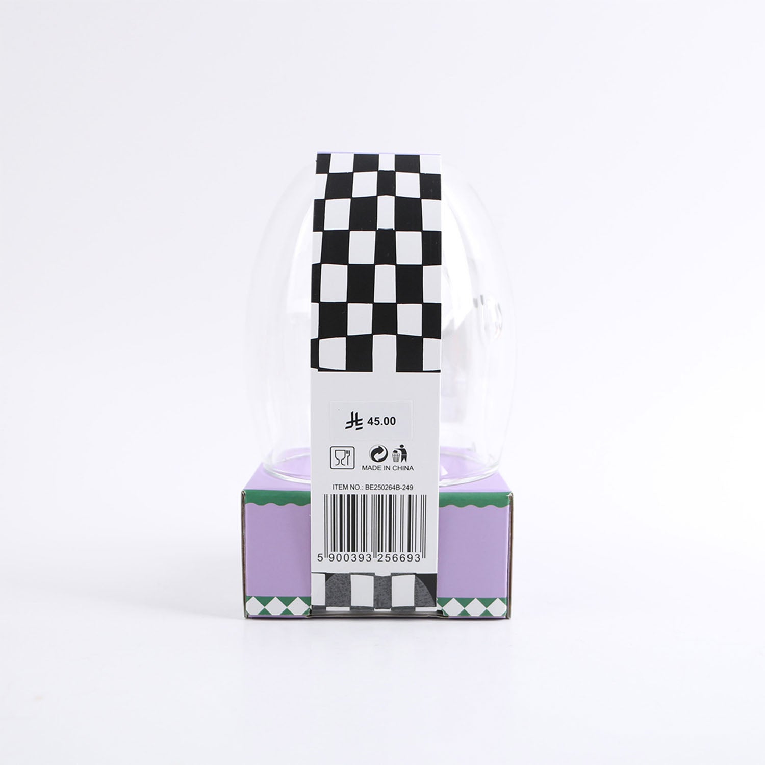 Character double-wall glass cup in clear sleeve, box back with barcode label