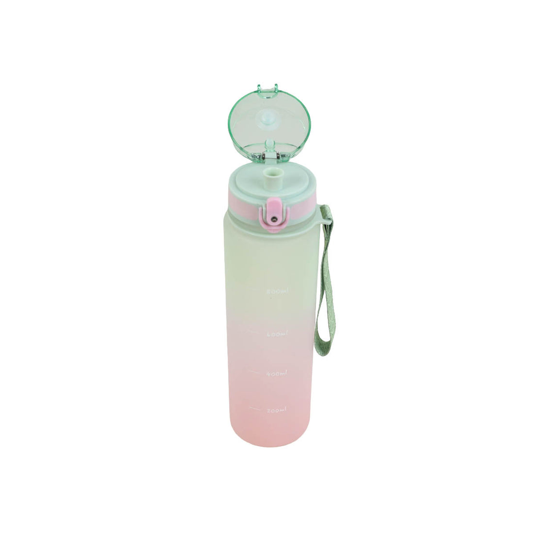 Plastic water bottle, 1000 ml, gradient mint-to-pink with flip lid and carry strap