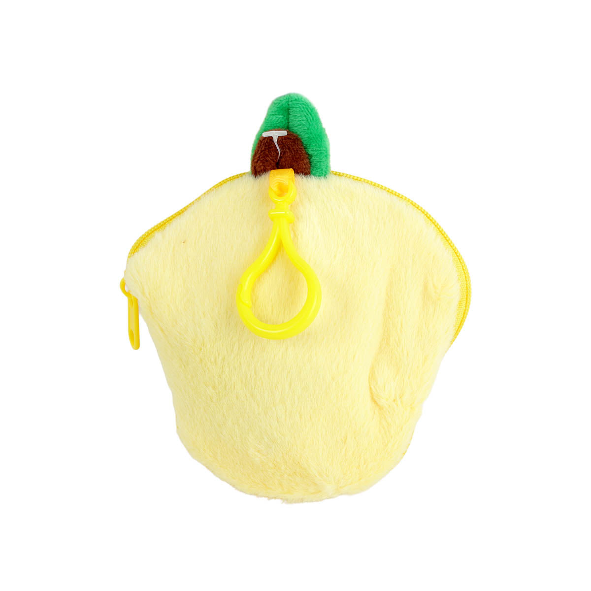Back view of a yellow plush duck character with a hanging loop