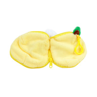 Yellow plush animal opened to show its zippered lining