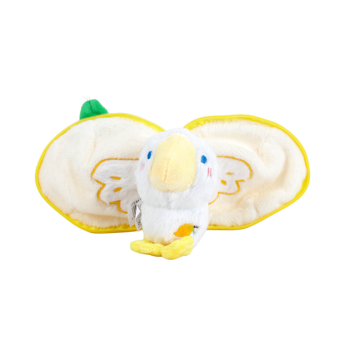 Yellow plush duck opened to reveal a small white chick inside