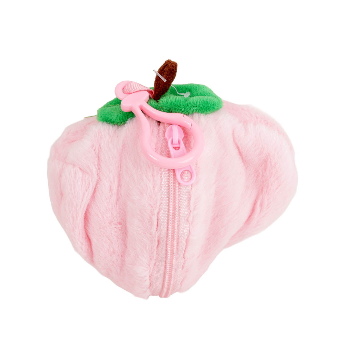 Closed pink plush bunny with a front zipper and hanging loop