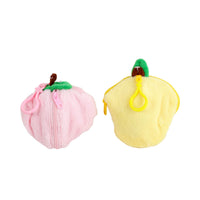 Pink and yellow zippered plush animals shown from the back