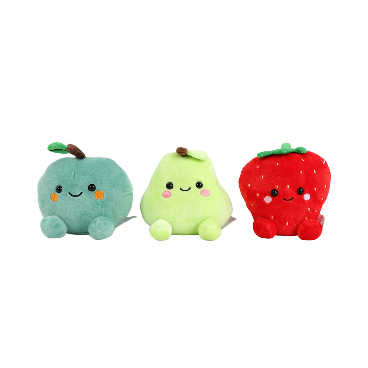 Plush fruit characters in teal, light green and strawberry red