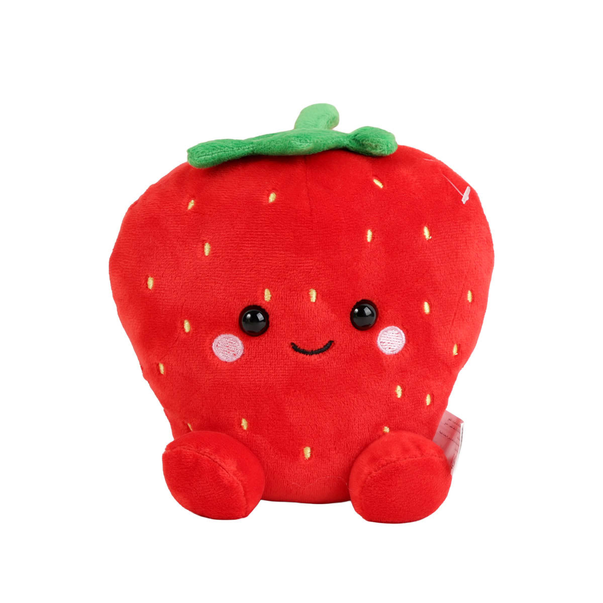 Red strawberry plush with green leaves, stitched seeds and a smiling face