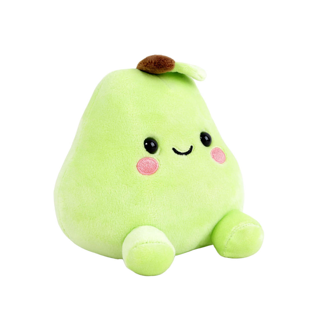 Light green pear-shaped plush fruit with a smiling face and small feet