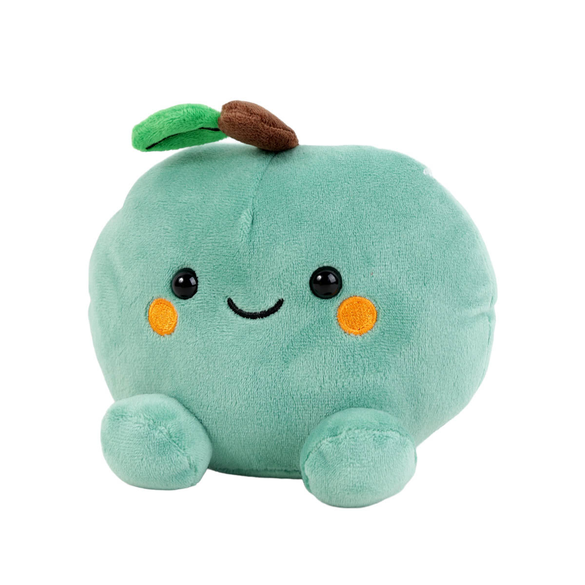 Teal round plush fruit character with a smiling face and orange cheeks