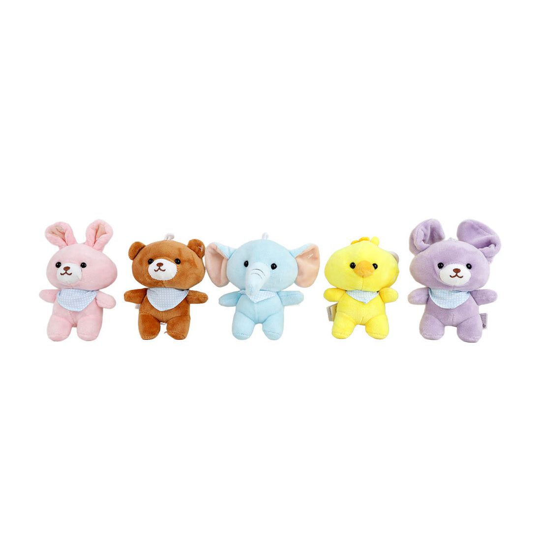 13 cm plush keychains in rabbit, bear, elephant, chick and mouse designs