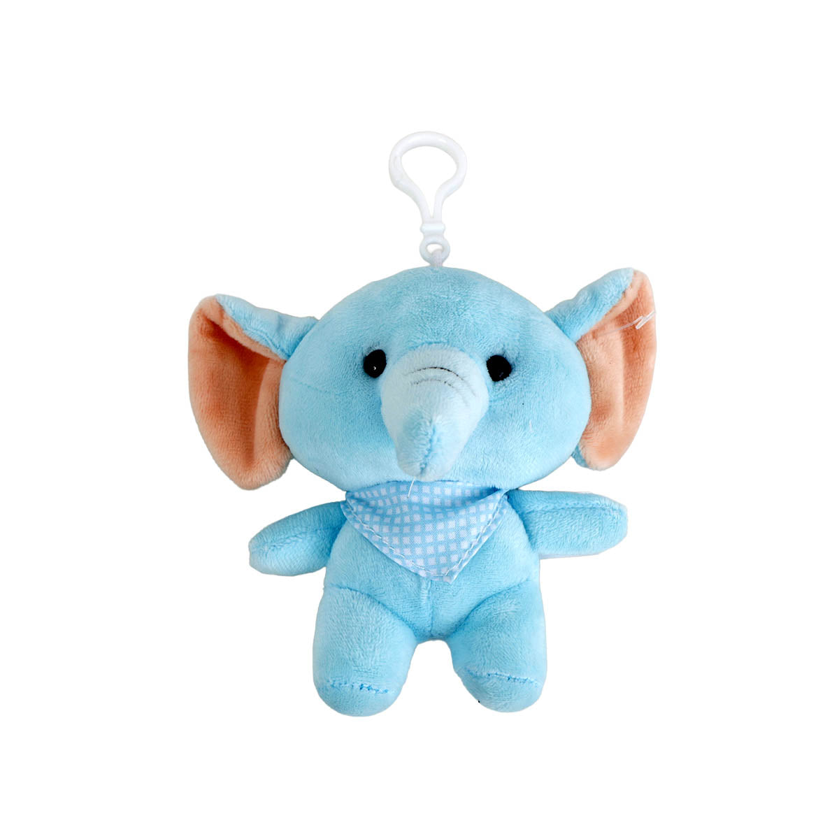 Blue elephant plush keychain with a light blue scarf and hanging loop