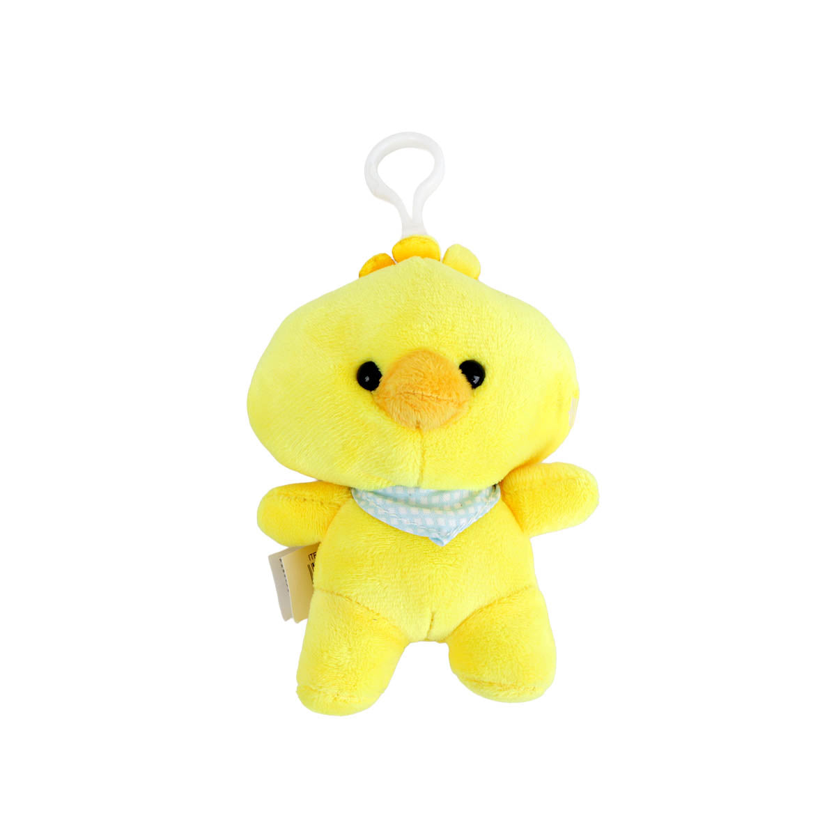 Yellow chick plush keychain with a blue scarf and hanging loop