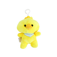 Yellow chick plush keychain with a blue scarf and hanging loop