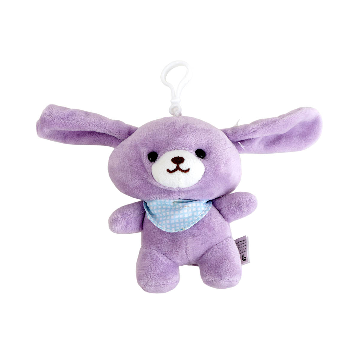 Purple long-eared plush keychain character with a blue scarf and hanging loop