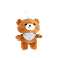 Brown bear plush keychain with a blue scarf and hanging loop