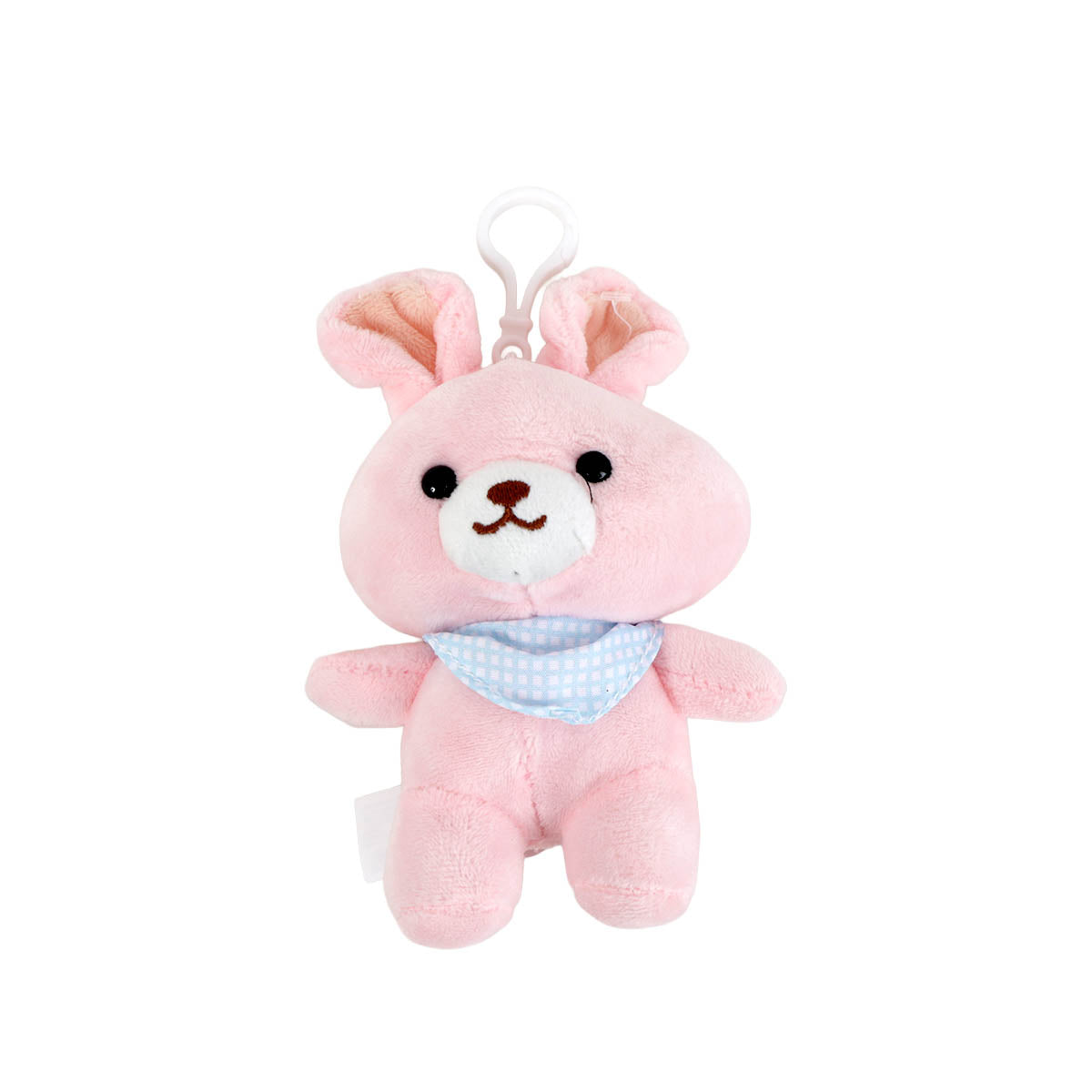 Pink rabbit plush keychain with a blue scarf and hanging loop
