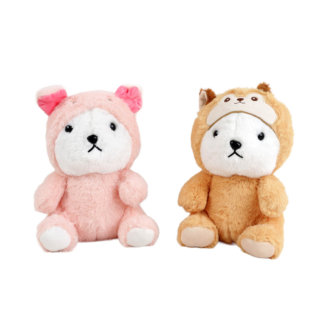 Pair of plush bears with animal hats: light pink & brown (27cm)