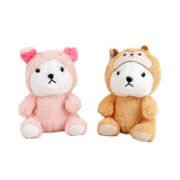 Pair of plush bears with animal hats: light pink & brown (27cm)
