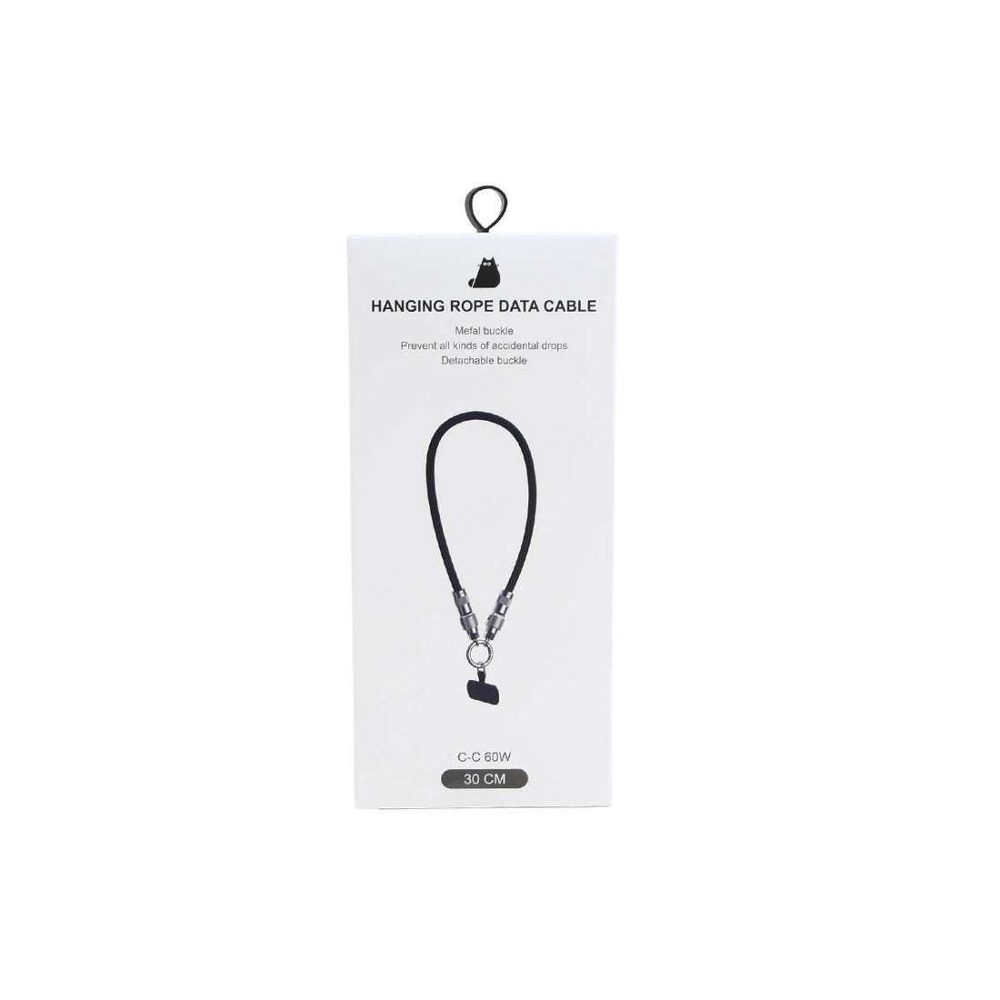 Packaging showing black USB-C charging cable wrist strap with hanging loop