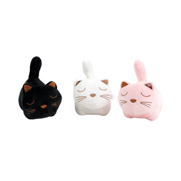 Black plush cat with orange embroidered face and curled-body shape.
