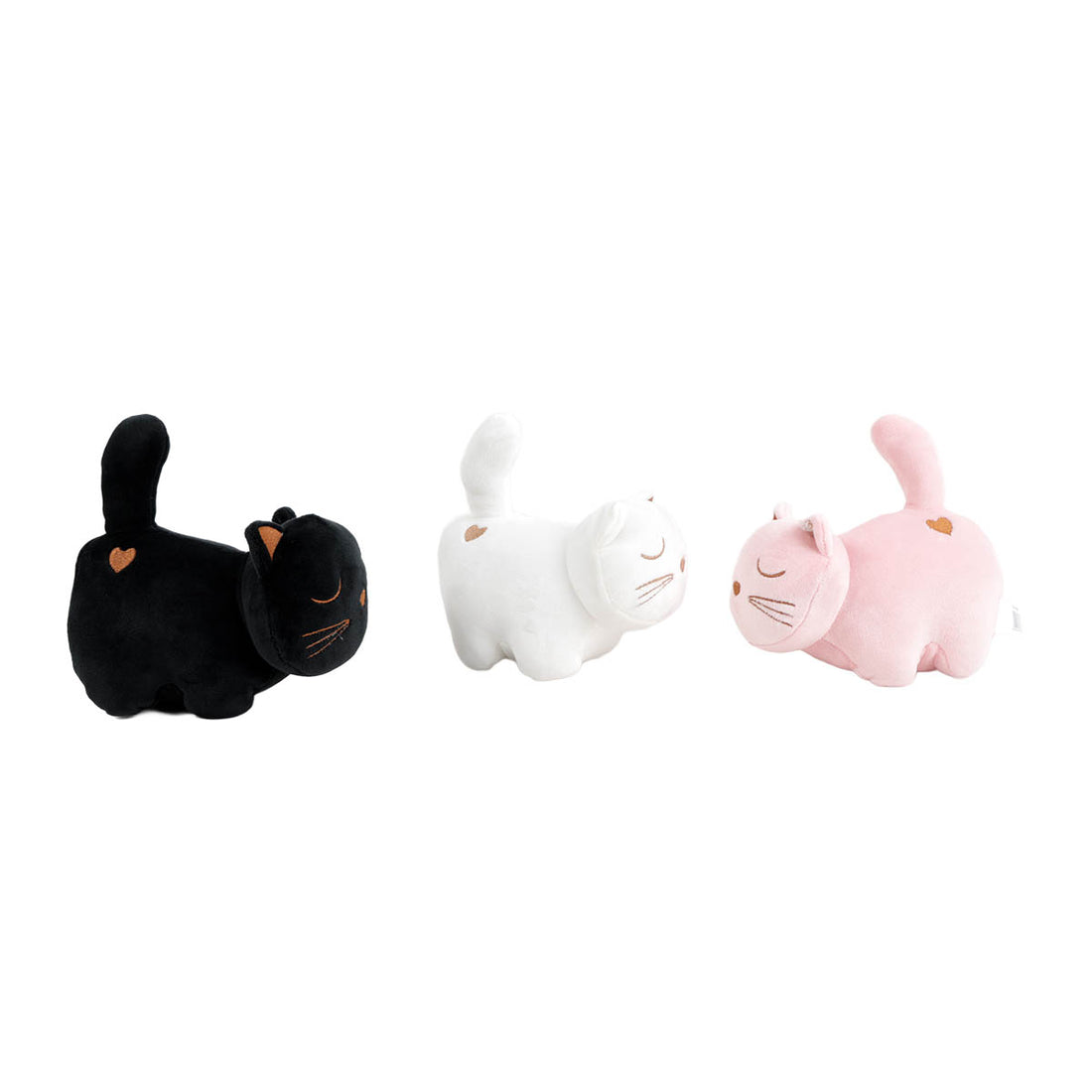 Plush cat assortment: black, white, and light pink cat plush figures.