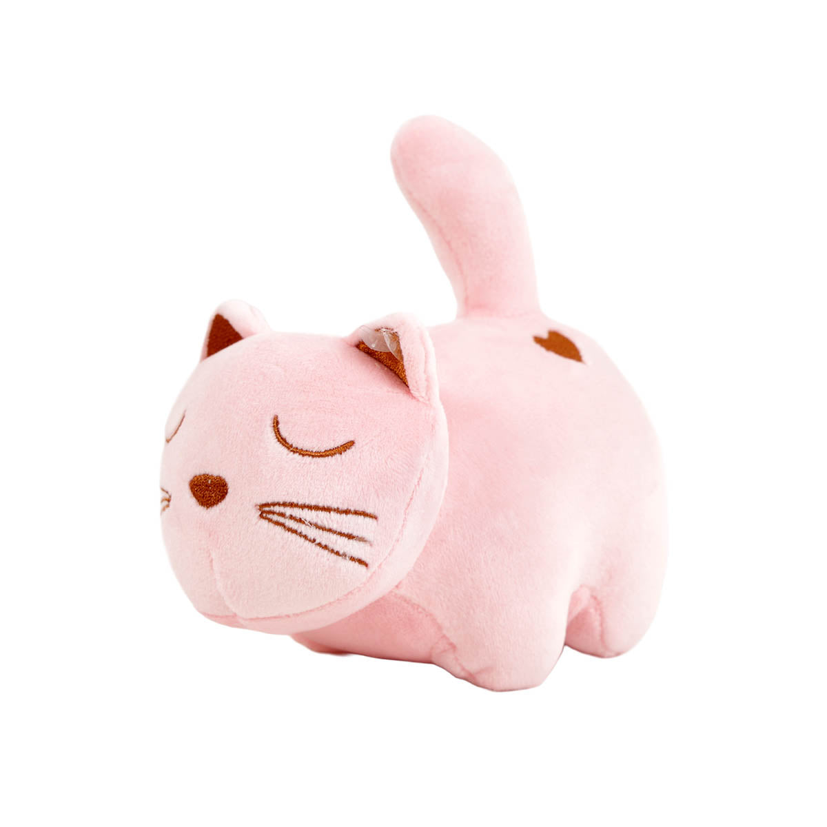 Light pink plush cat with brown nose and embroidered closed-eye face.