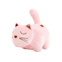 Light pink plush cat with brown nose and embroidered closed-eye face.
