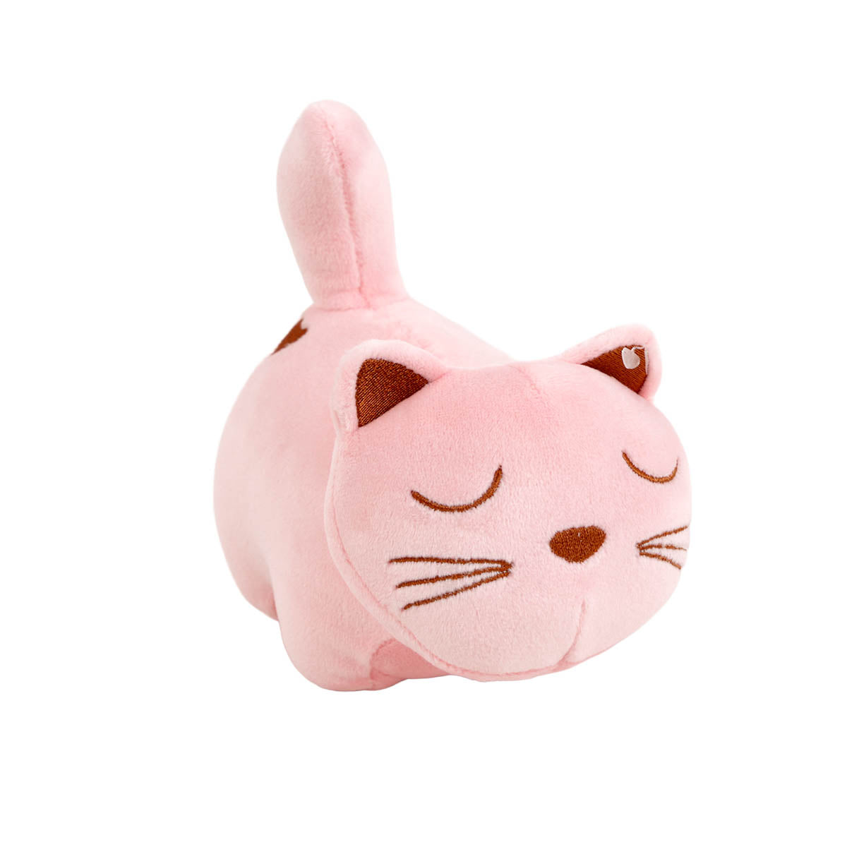 Light pink plush cat with embroidered eyes and brown nose, face-forward.