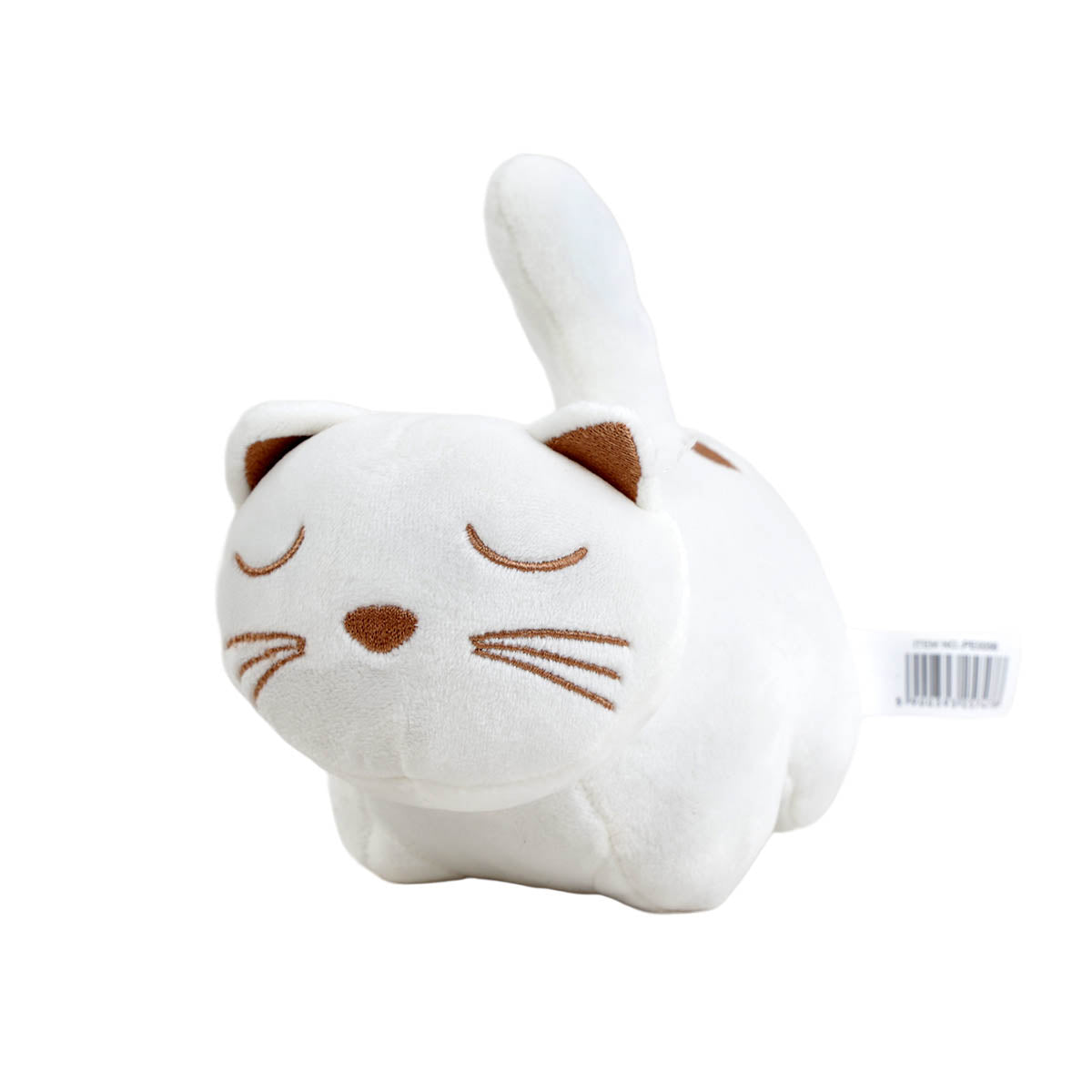 White plush cat with brown nose and embroidered closed-eye face.