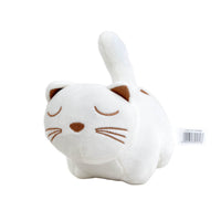 White plush cat with brown nose and embroidered closed-eye face.